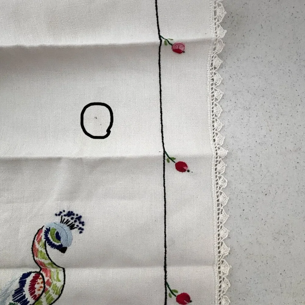 Cottagecore Embroidered Peacock Dresser Scarf Table Runner Vintage 50s Heirloom